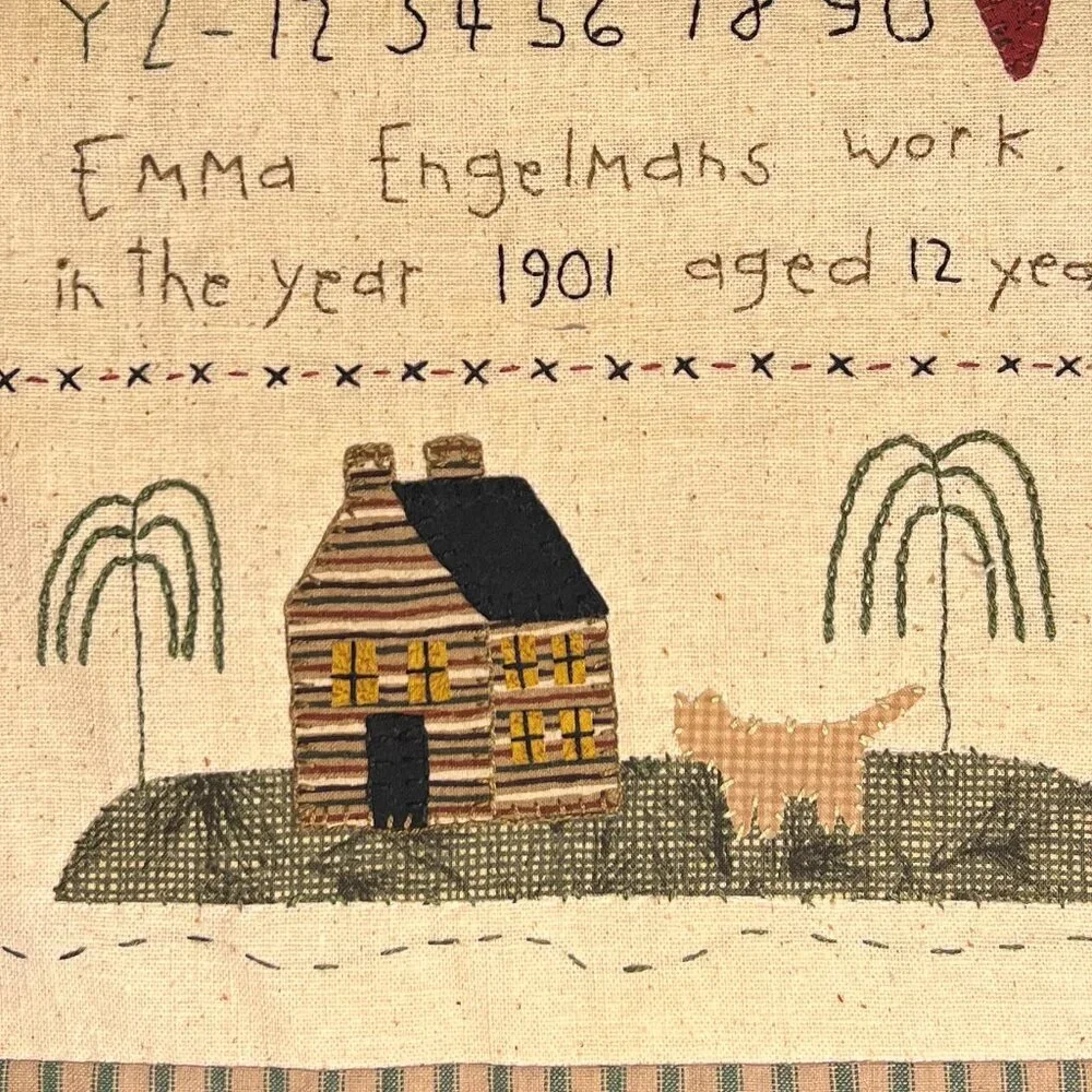 Hand Stitched Antique Needlework Sampler Reproduction Appliqué & Embroidery - Picture 3 of 16